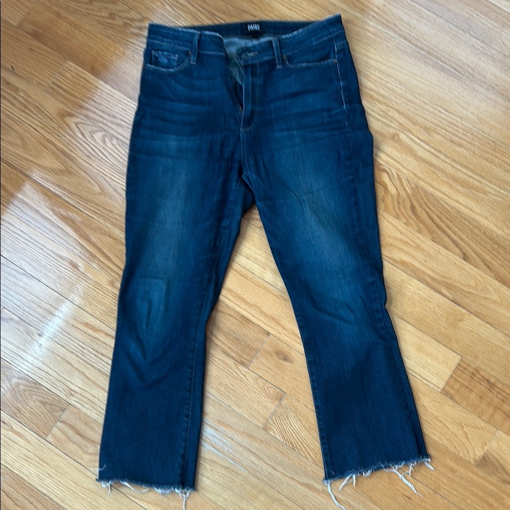 PAIGE Blue Cropped Ankle Jeans with Raw Hem